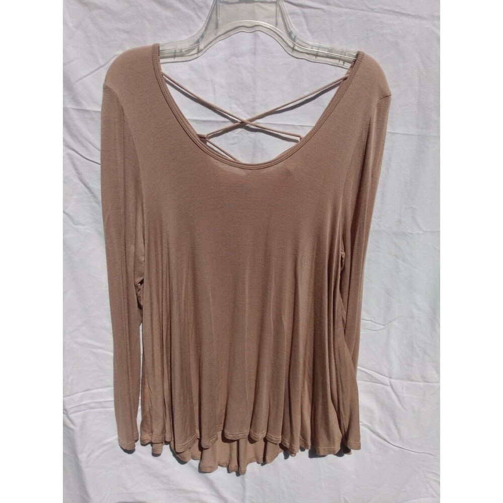 Moon Kiss Tan Women Top Size M Long Sleeve Lace Up Back Romantic Soft